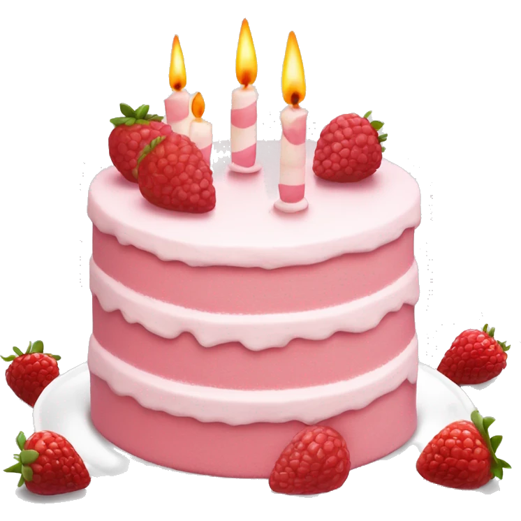 light pink and white cake on white colored plate with raspberries and strawberries and candles emoji