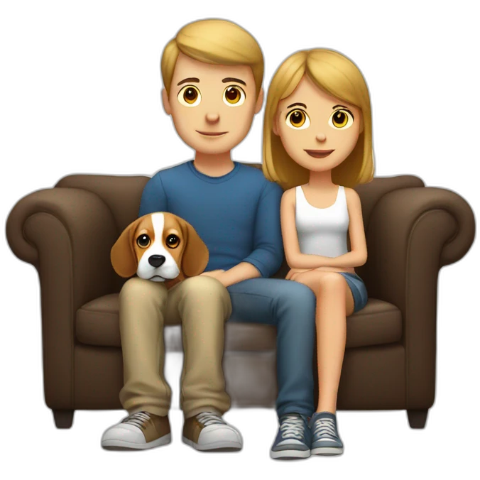 White boy and girl and beagle Sit on couch emoji