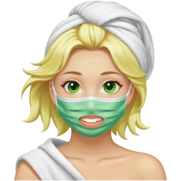 green face mask on a blond girl in towel  emoji