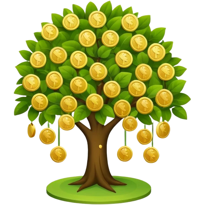 Apple-style money tree, round soft green canopy.
No pot, no ground — only the tree.
Small gold coins as fruits inside the leaves (not below).
Flat 2D vector, clean shapes, no gradients.
Dark near-black background, premium fintech icon. emoji
