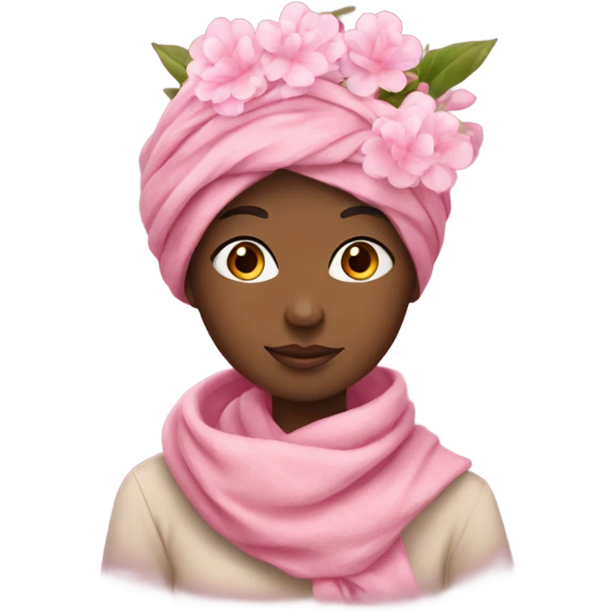 girl with a scarf on her head and a bouquet of pink flowers emoji