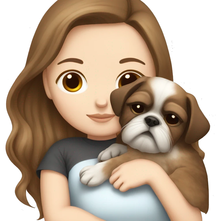 White girl straight brown hair sleeping with puppy shin tzu  emoji