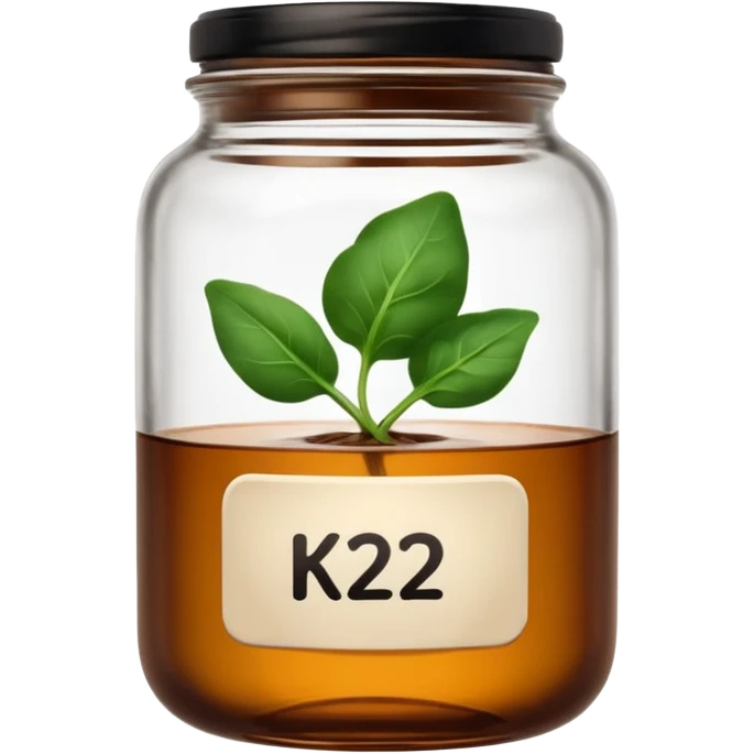brown glass jar of supplements with white label, black thin title K2 and small spinach emoji emoji