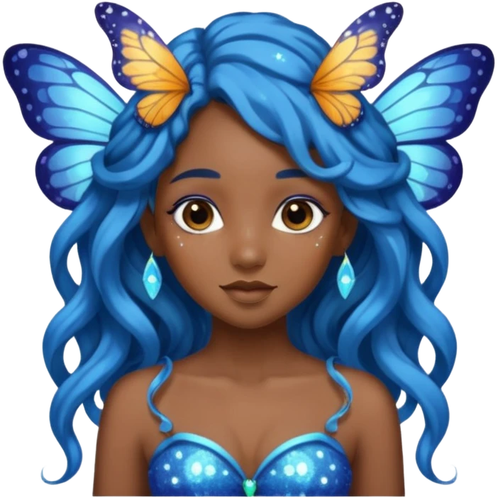 Black girl fairy with long wavy blue hair butterfly wings sparkly emoji