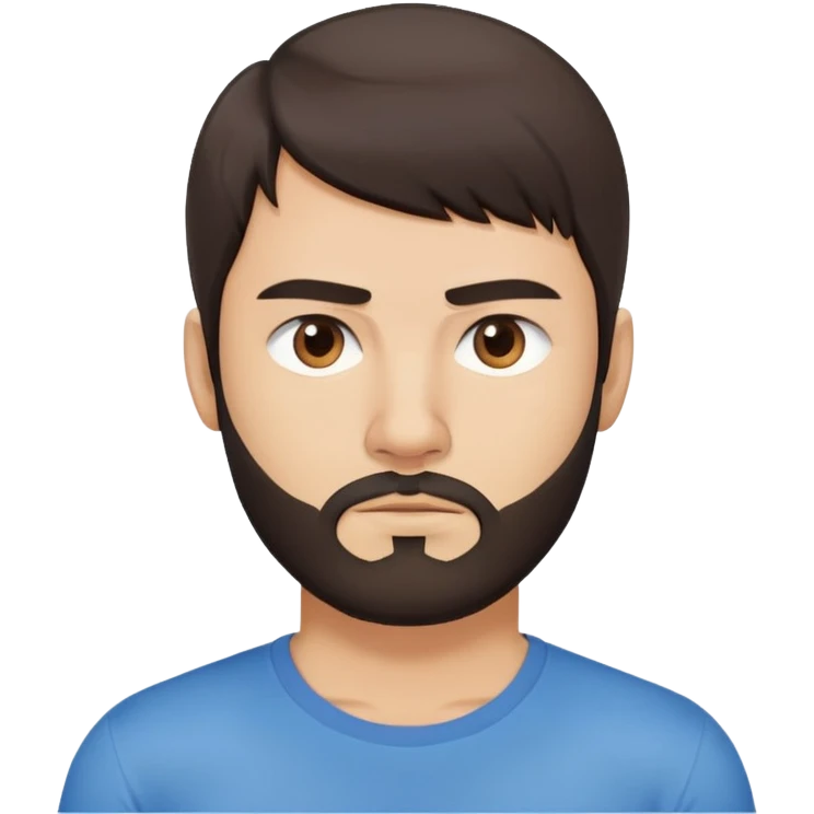 Argentine male with longer straight dark brown hair reaching shoulders, bangs, short complete beard, serious neutral face, wearing plain blue t-shirt emoji