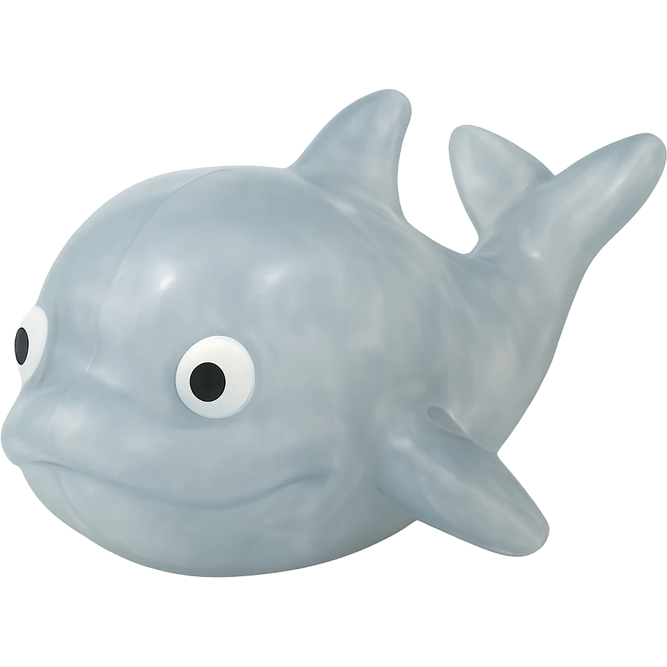 Make the whale even more transparent and slightly see-through, keeping the natural blue-gray color, in a retro 90's toy style with derpy eyes, soft plastic texture, soft reflections, soft and squishy appearance, some cloudiness, not shiny, highly detailed and appealing. Remove any tags and background. emoji