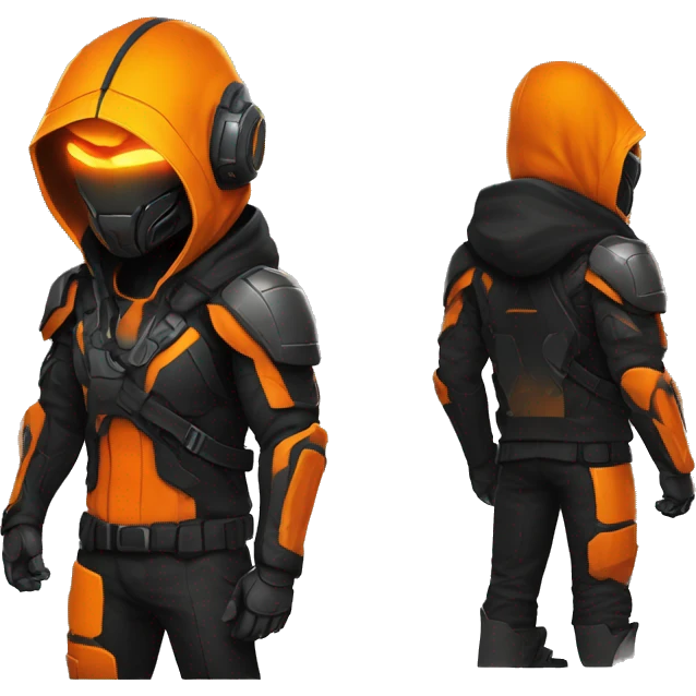  developer behind his laptop with this style : crysis Cyberpunk Valorant orange glowing bright orange character orange black hooded assassin themed character emoji