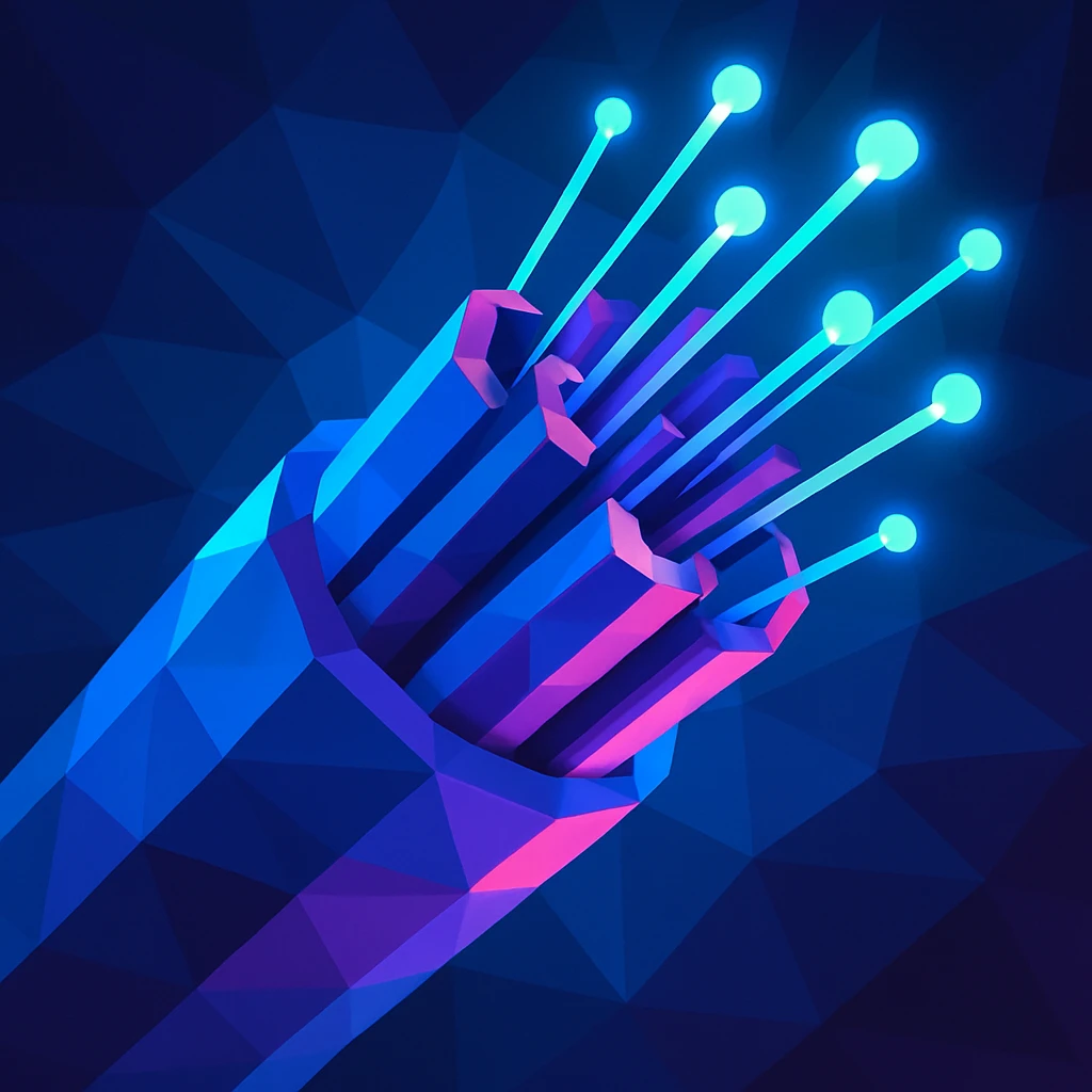 fiberoptic cable, glowing, high-tech, close-up, low-poly polygonal illustration style, vibrant and geometric emoji
