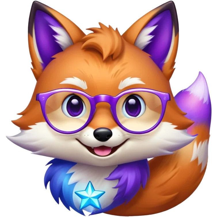 A magical fox with shimmering purple and blue fur, a glowing tail, a silver star on its forehead, and round glasses, laughing so hard that tears are streaming from its eyes emoji