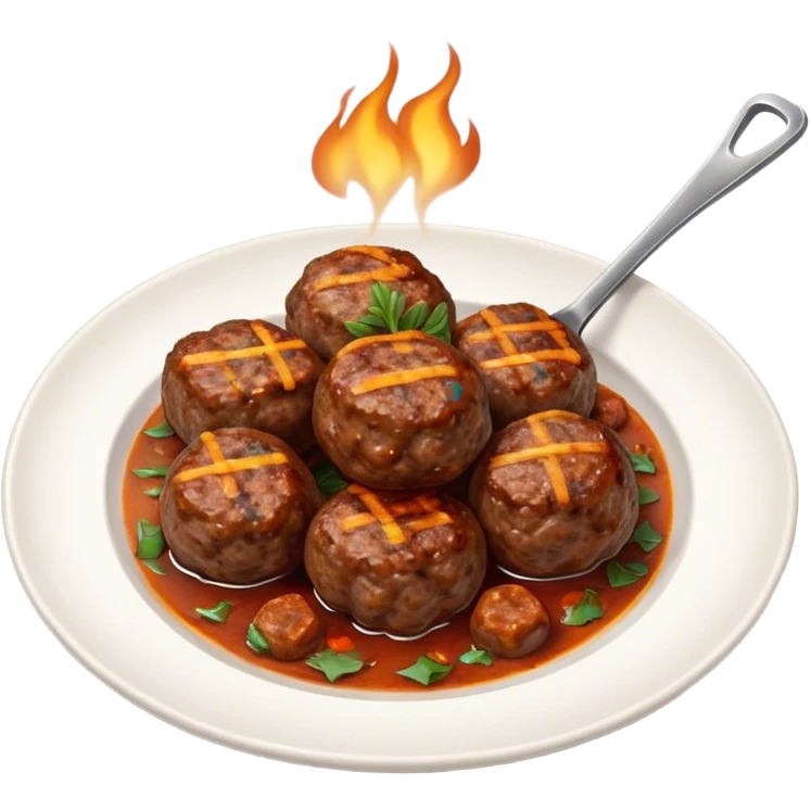 Cinematic Realistic Kofte Dish Emoji, depicted as seasoned, grilled meatballs with a charred exterior rendered with lifelike textures and robust, appetizing lighting. emoji