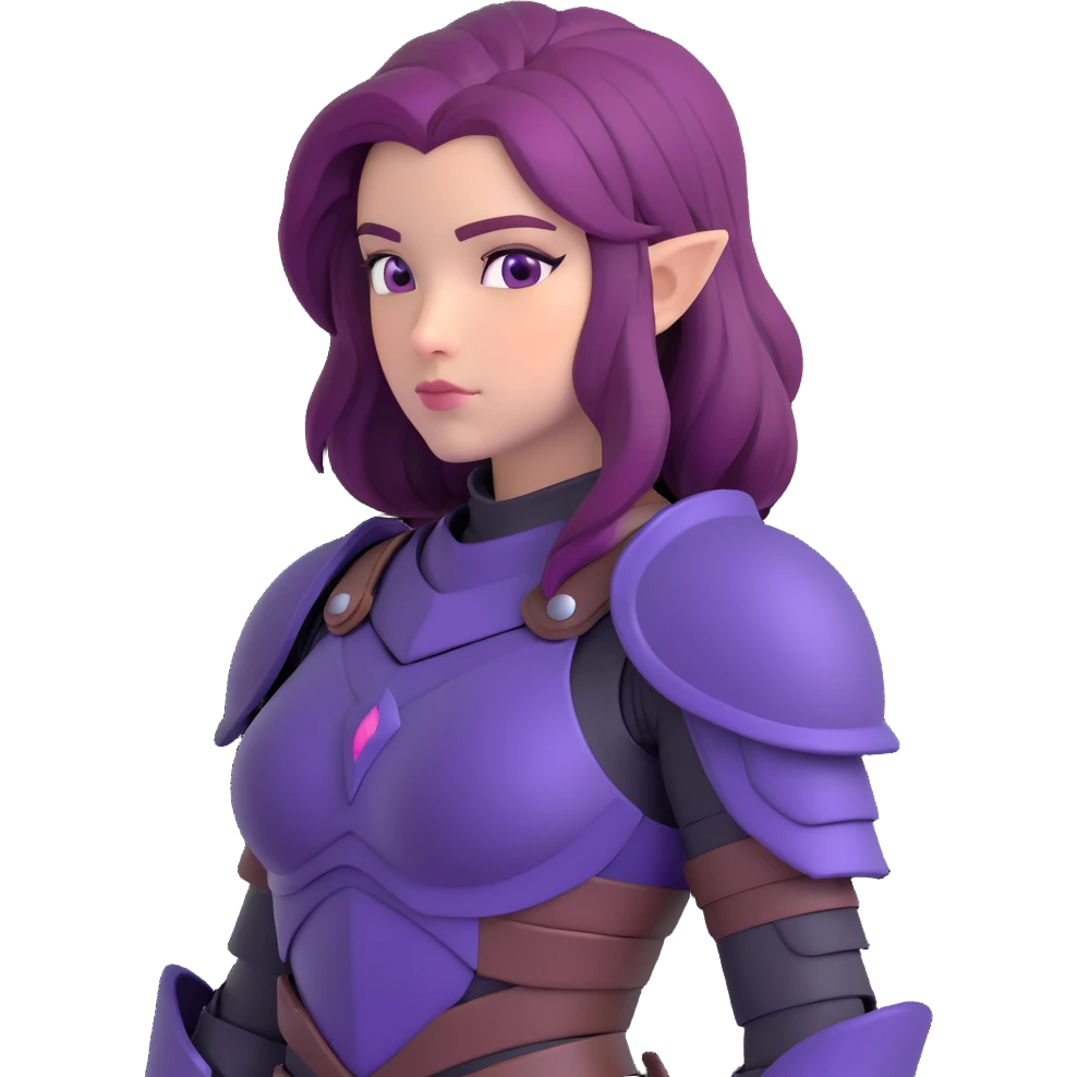 mysterious warrior girl with flowing purple hair, dressed in black armor, looking over her shoulder, emoji style emoji