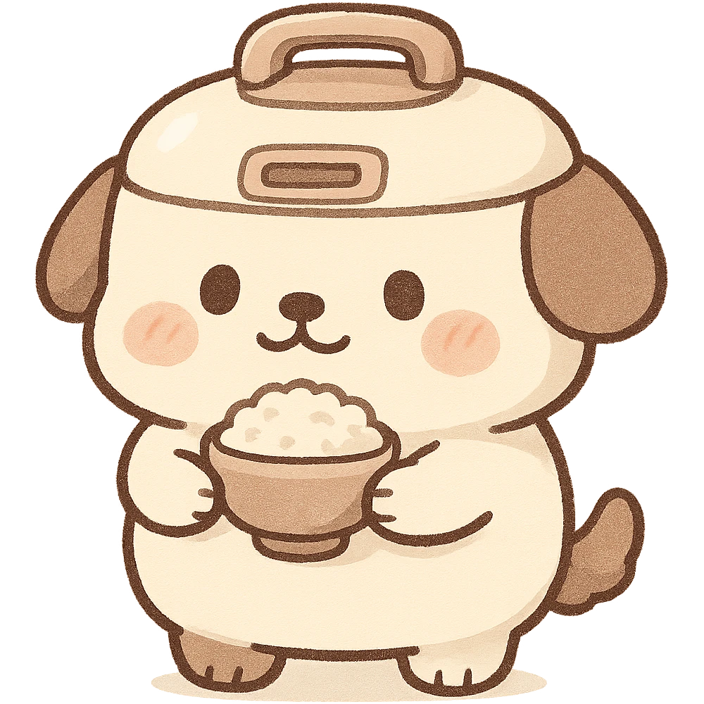 chibi style rice cooker dog, round belly, holding a rice bowl, soft cream and brown colors, full-body emoji