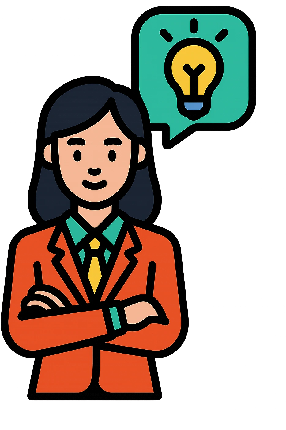 businesswoman standing confidently with a lightbulb idea bubble above her head, modern icon style, clean lines, vibrant colors emoji