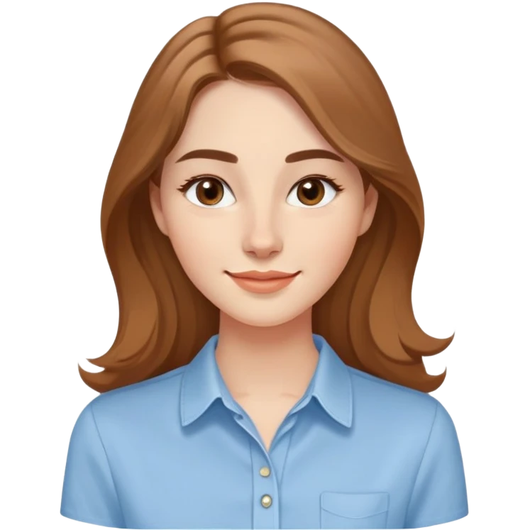 Young adult woman with oval delicate face, soft features, fine jawline, bright friendly smile, large expressive light brown almond eyes, medium arched eyebrows, proportional nose, defined lips, long light brown hair with gentle waves, wearing a casual feminine-cut light blue shirt emoji