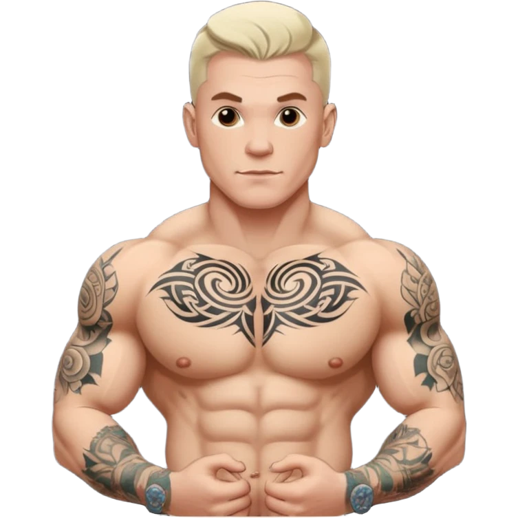 tattoo man, white skintone, more highlight the tattoo, body builder, tatto on fully chest, more tattoos on the body. emoji