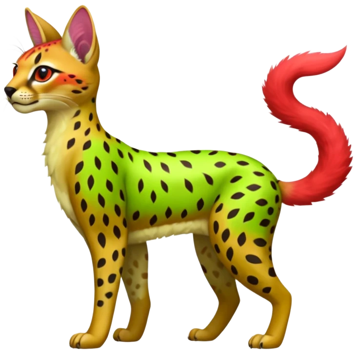 Colorful cute adorable tropical exotic fruity kiwi-green lemony rosy neon-red Caracal-Cheetah-Serval-Leopard-Trico-Sergal-Vernid-fusion-hybrid-animal-creature, full body, with tribal markings emoji