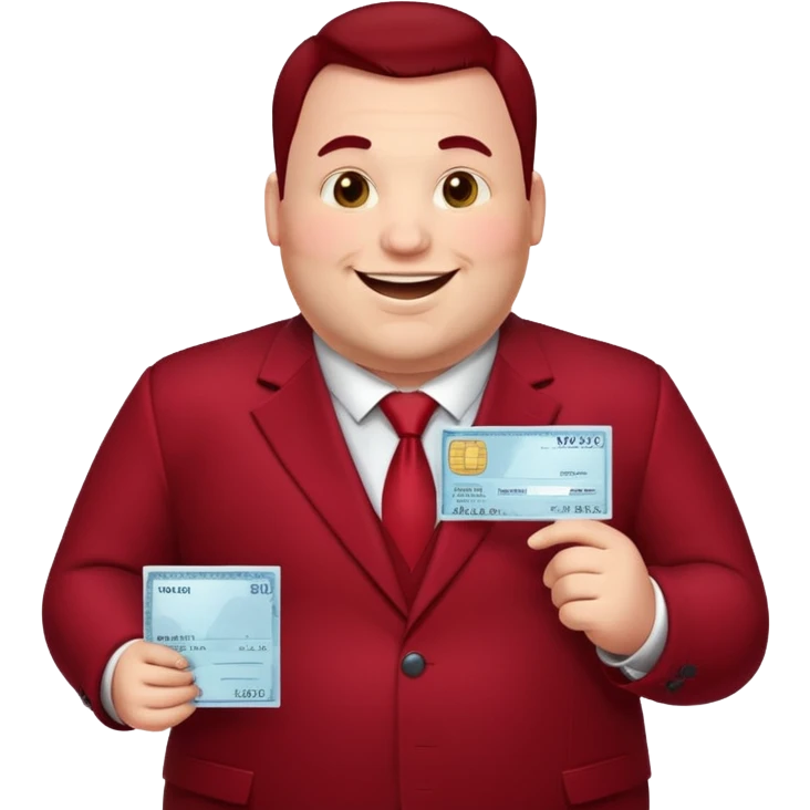 huge fat guy bold head in dark red velvet suit holding cheque emoji
