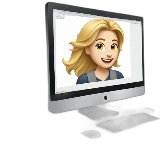 A young white woman enthusiastic artist and behind her computer emoji