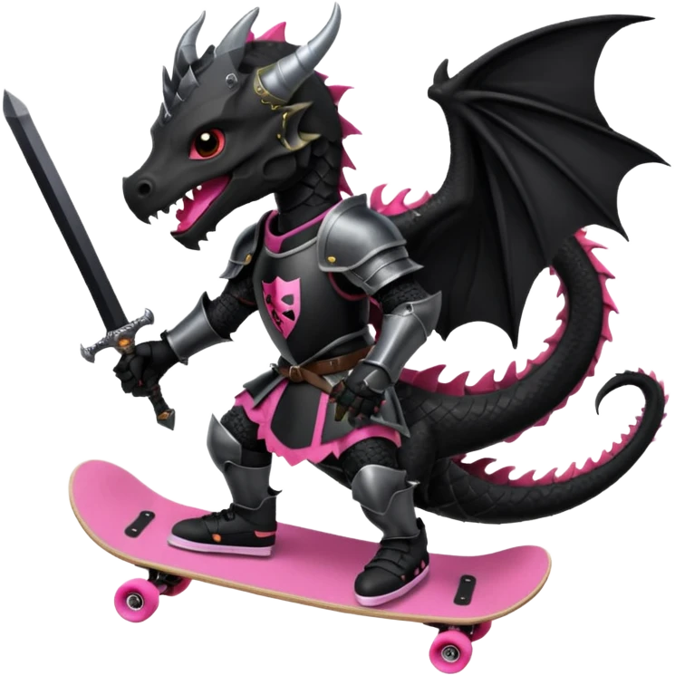 zwarte ridder met een zwarte zwaart en een zwarte schild met een zwarte draak op en hij skate met een roze skatebord en hij  zit tegen een draak te vechten emoji