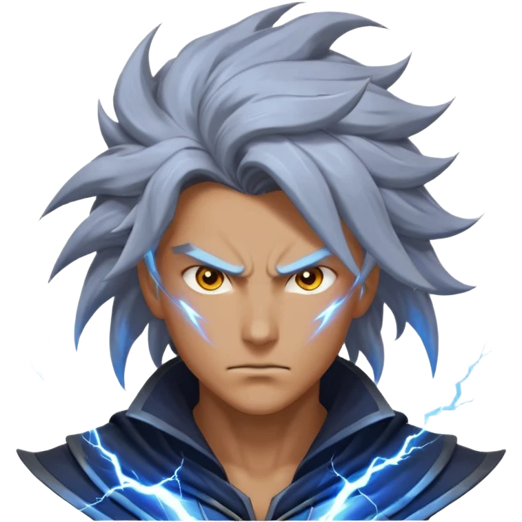 storm rider portrait, head and shoulders only, wind-swept hair, crackling lightning aura, storm clouds swirling behind, intense glowing eyes, epic fantasy vibe, 3D cartoon, mobile game icon style, clean background, no text, no watermark
 emoji