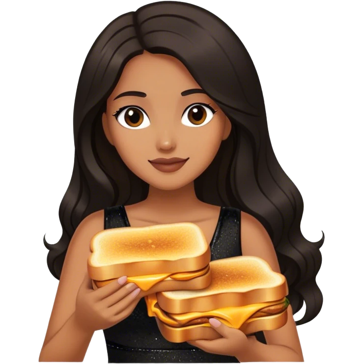 Beautiful woman in 1950’s woman fashion look, black shimmery dress, long dark brown hair, grilled cheese sandwiche emoji