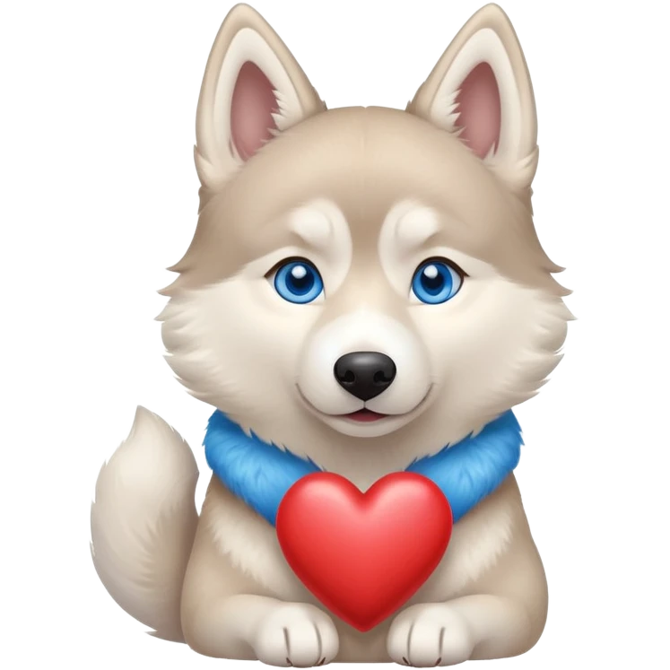 Beige husky with blue eyes holding a big heart emoji