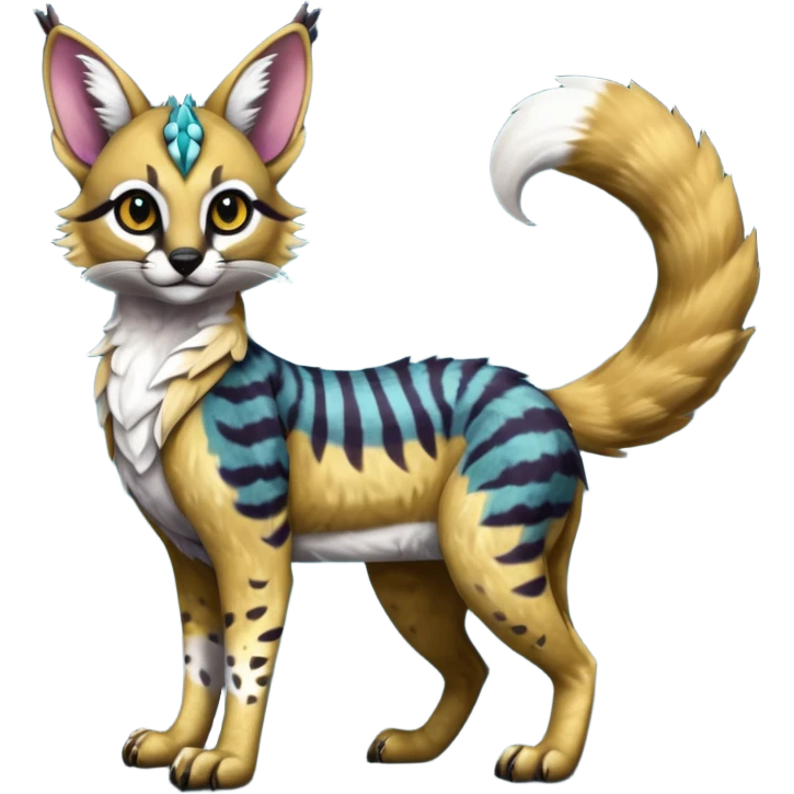 Colorful dark tropical exotic cute cool beautiful shiny beautiful fantasy-caracal-civet-genet-sergal-vernid-serval-Gryphon-Cacomistle-Trico-oncilla-animal-Fakémon-hybrid-fursona (full body) emoji