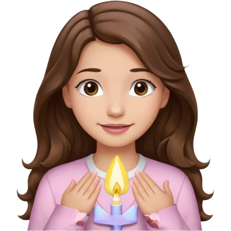 girl with wavy long brown hair, brown eyes, light to medium complexion, long lashes, light pink lipstick, praying, smiling, wearing light pink shirt emoji