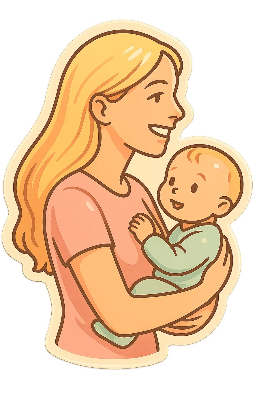 mom with long light hair holding a baby in her arms, smiling and looking forward, side view, thin clean outlines, soft rounded shapes, pastel palette, retro sticker aesthetic, detailed shadows and highlights, soft lighting emoji