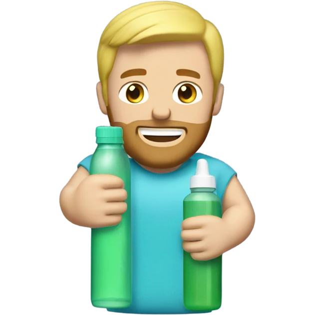 Buff man with blonde short hair and a medium length blonde beard riding on top of a giant bottle of listerine emoji