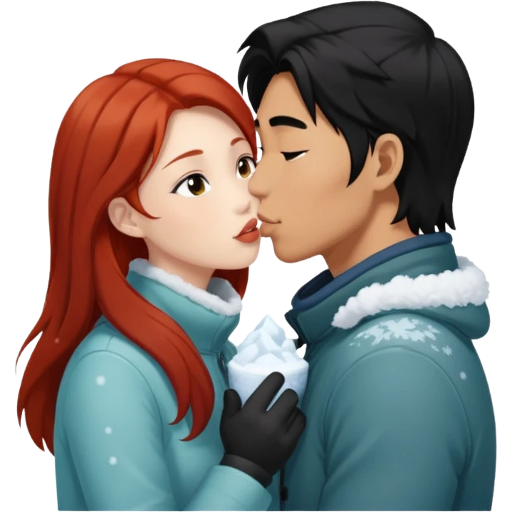 long black haired asian guy kissing redhead girl in snow emoji