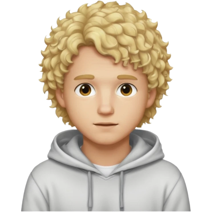 A guy with like fluffy/curly blonde hair wearing a hoodie with white shirt emoji