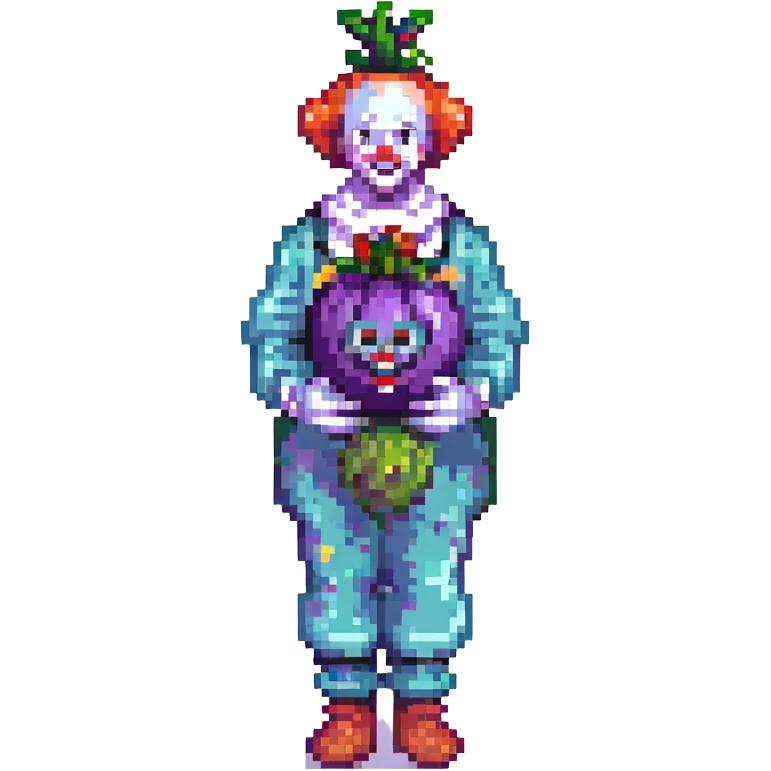 Clown holding an eggplant between his legs in pixel art style, maintaining transparent background. emoji