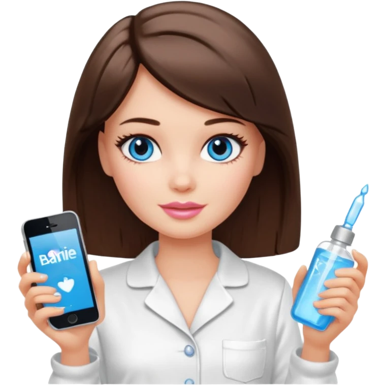Barbie girl with makeup, blue eyes , and bob long haircut, short brown hair in white pajamas, face gel in hand emoji