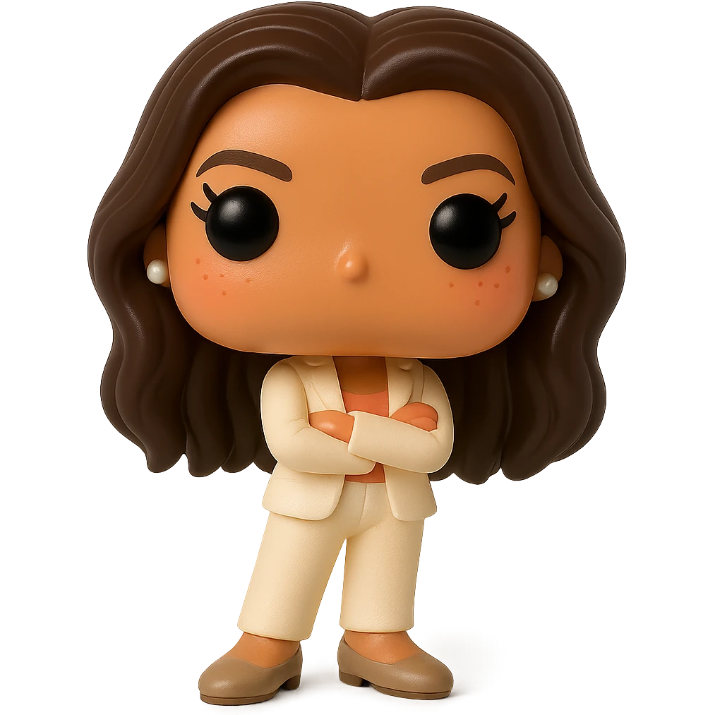 Create a Funko Pop style vinyl figure of Eva Longoria with ultra high quality details: luminous smooth tanned skin, extremely detailed dark hair, hyper-textured feminine cream suit (jacket and pants), small pearly earrings, greige leather loafers clearly visible, arms crossed, rosy cheeks, very discreet freckles, eyelashes, mischievous and cheerful expression, no mouth, transparent background. emoji