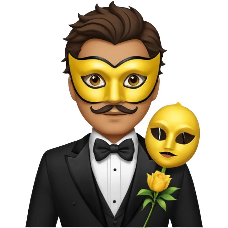 A man facing forward wearing a tuxedo with a yellow canary mask. The canary mask is in the style of a Venetian carnival mask. emoji