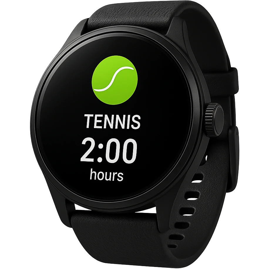 smartwatch con modalità attiva di tennis che segna 2 ore di tennis, REALISTICA 4K emoji