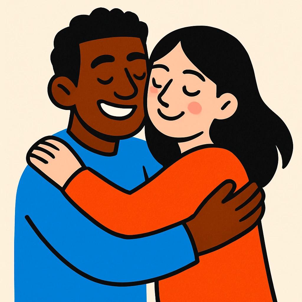 interracial couple hugging, brown-skinned man and white-skinned woman with black hair, illustration style, light background emoji