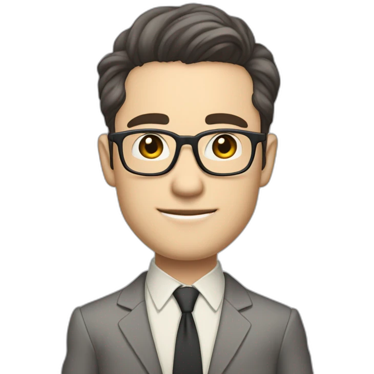 Full height Pale skinned Fit Man With dark brown hair in classic gray suit, beige office shirt, dark gray tie, and vintage glasses. Thrumbs of his palms directed up emoji