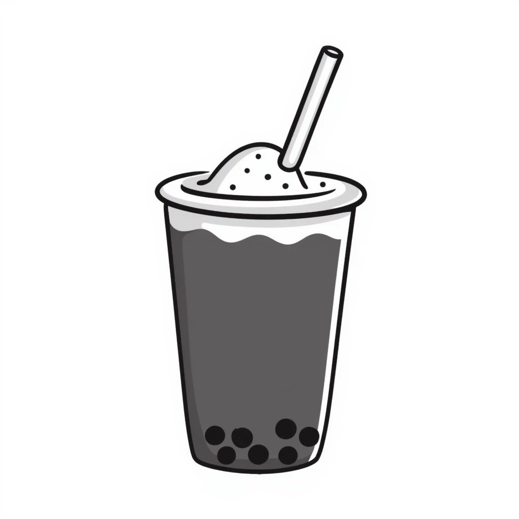 hand-drawn doodle of a boba tea cup with straw and pearls emoji