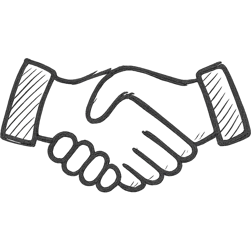 handshake icon, black contoured, no fill, clean outline, minimal emoji