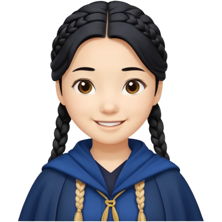 braid black hair, white asian girl, dark blue cloak, happy smile emoji