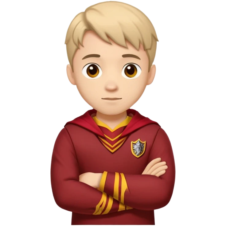 A young adult man slightly to the side looking forward with crossed arms wearing the Gryffindor uniform emoji