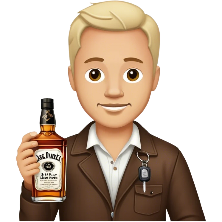 A drunk man with a bottle of Jack Daniel’s and car keys emoji