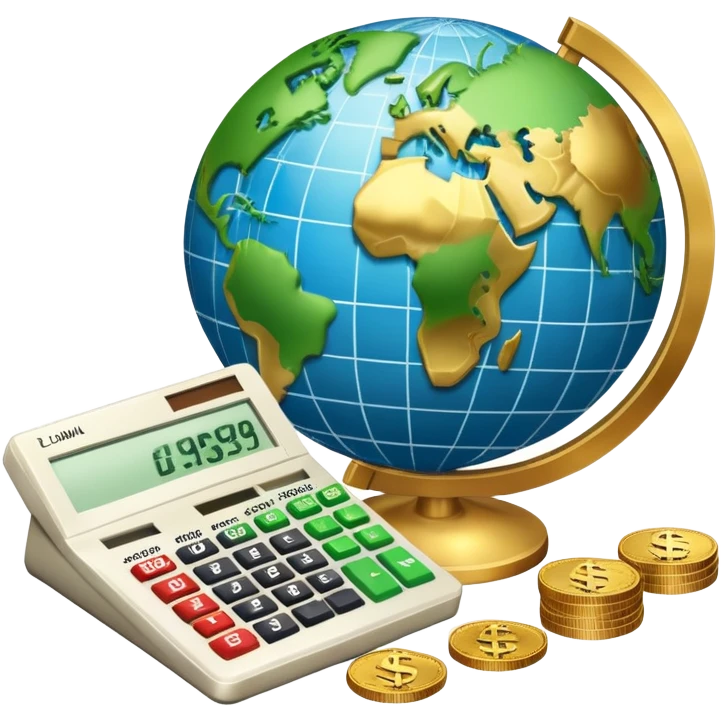 An icon featuring a calculator, a dollar sign, and a chart with upward trends, symbolizing economics. The design includes coins, bills, and a globe, representing global trade and financial systems. Transparent background highlights the study of markets, supply, and demand. emoji