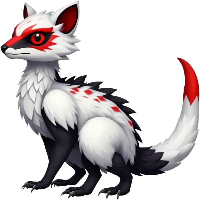 a white exotic edgy vernid-fionbr-Fakémon-creature, with black belly and red eyes, full body emoji