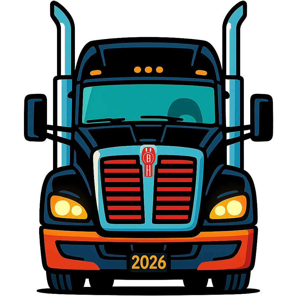 2026 Black Kenworth T680 Sleeper semi truck, front view, headlights on, tall chrome muffler stacks, vibrant cartoon style, no background emoji