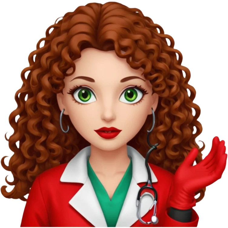 Spanish sexy evil woman. She has green eyes.  had brown long curly hair.  evil surgeon kills with needle wears red sexy doctor coat with red long mouth cover red gloves.  emoji