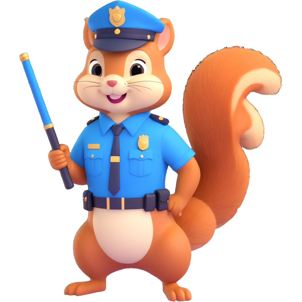 a cartoon squirrel in a police officer outfit, holding a baton, smiling, blue uniform emoji