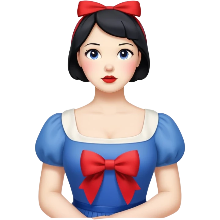 Snow White from hips up, blue and yellow dress, short black hair with red bow, minimal style, larger size emoji